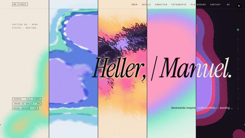 The hero section of manuelheller.dev split into five slices, one per ink character